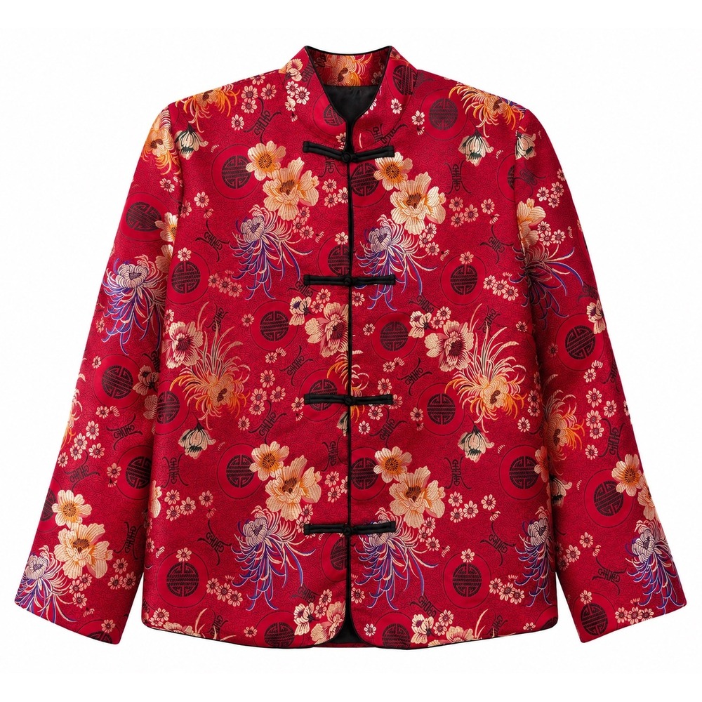 Chico's Silk Blend Mandarin Collar Jacket Red Gold Embroidered Size 0 (US S)